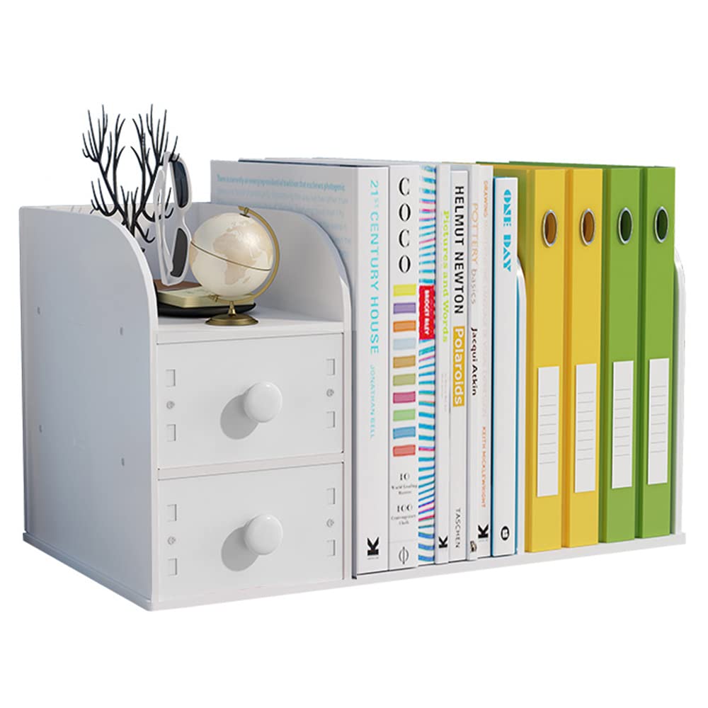 Hggzeg Desktop Bookshelf with Drawer, Small Countertop Bookcase Desk Organiser Office Supplies Storage Rack(White)
