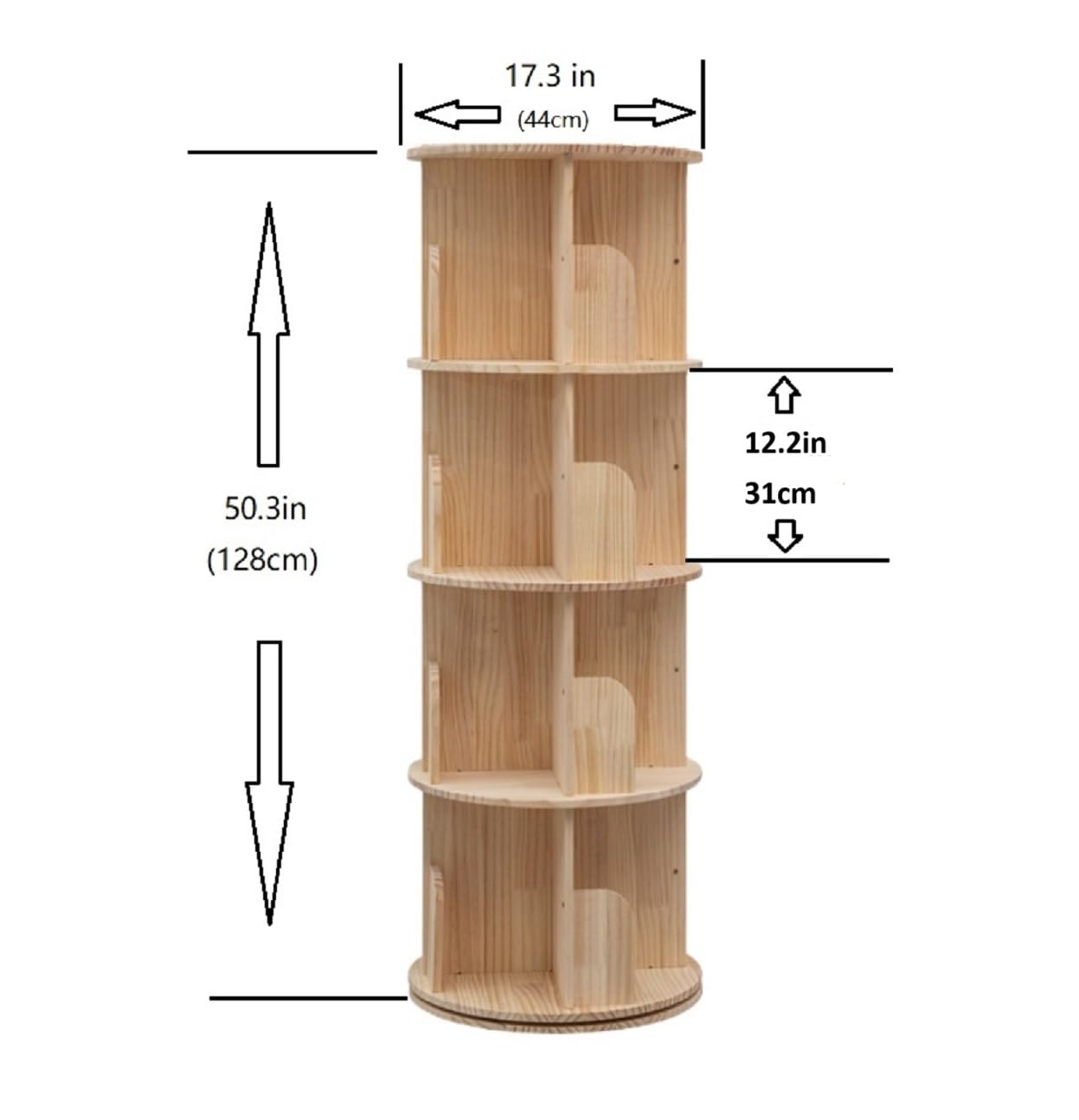 Heehee Rotating Bookshelf 360 Display 4 Tier Floor Standing Bookcase Storage Rack for Kids&Adults Solid Wood Bookshelf Organizer