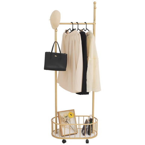 Cre Cra Golden Clothing Rack with Wheels Rolling Clothes Rack with Storage Basket Metal Moveable Coat Rack Stand Modern Garment Rack for Hanging