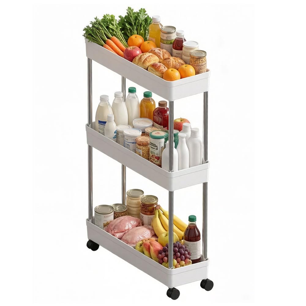 3-Tier Narrow Slim Storage Trolley Cart Slide-out Utility Mobile Shelving Space Organizer Shelf Rack Storage Cart on Wheels for Kitchen Bathroom