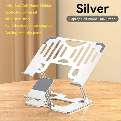 Omana Ergonomic 2-in-1 Laptop Stand with Phone Holder for Desk, Adjustable Riser, Sturdy and Portable, Fits All Laptops and Phone (Silver)