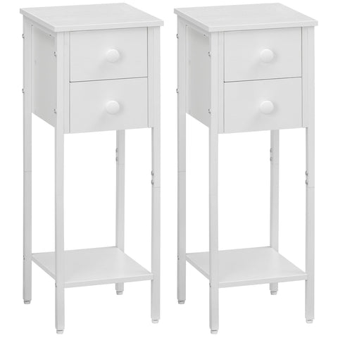 HOOBRO Narrow Bedside Table Set of 2, Slim Bedside Table, Telephone Table with 2 Drawers, Tall Side Table with Metal Frame