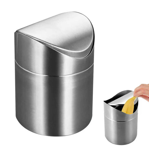Chesomn Stainless Steel Desktop Trash Bin, 2L Mini Desktop Bin with Lid