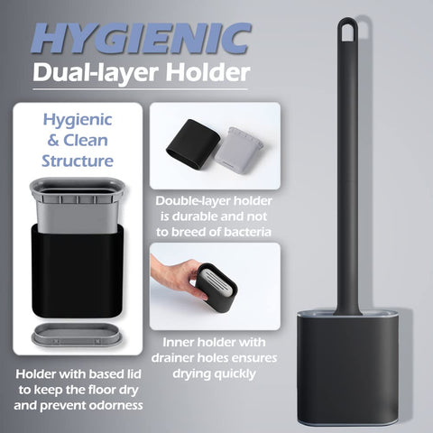 2 Pack Silicone Toilet Brush with Holder Set Flexible Bristles Black