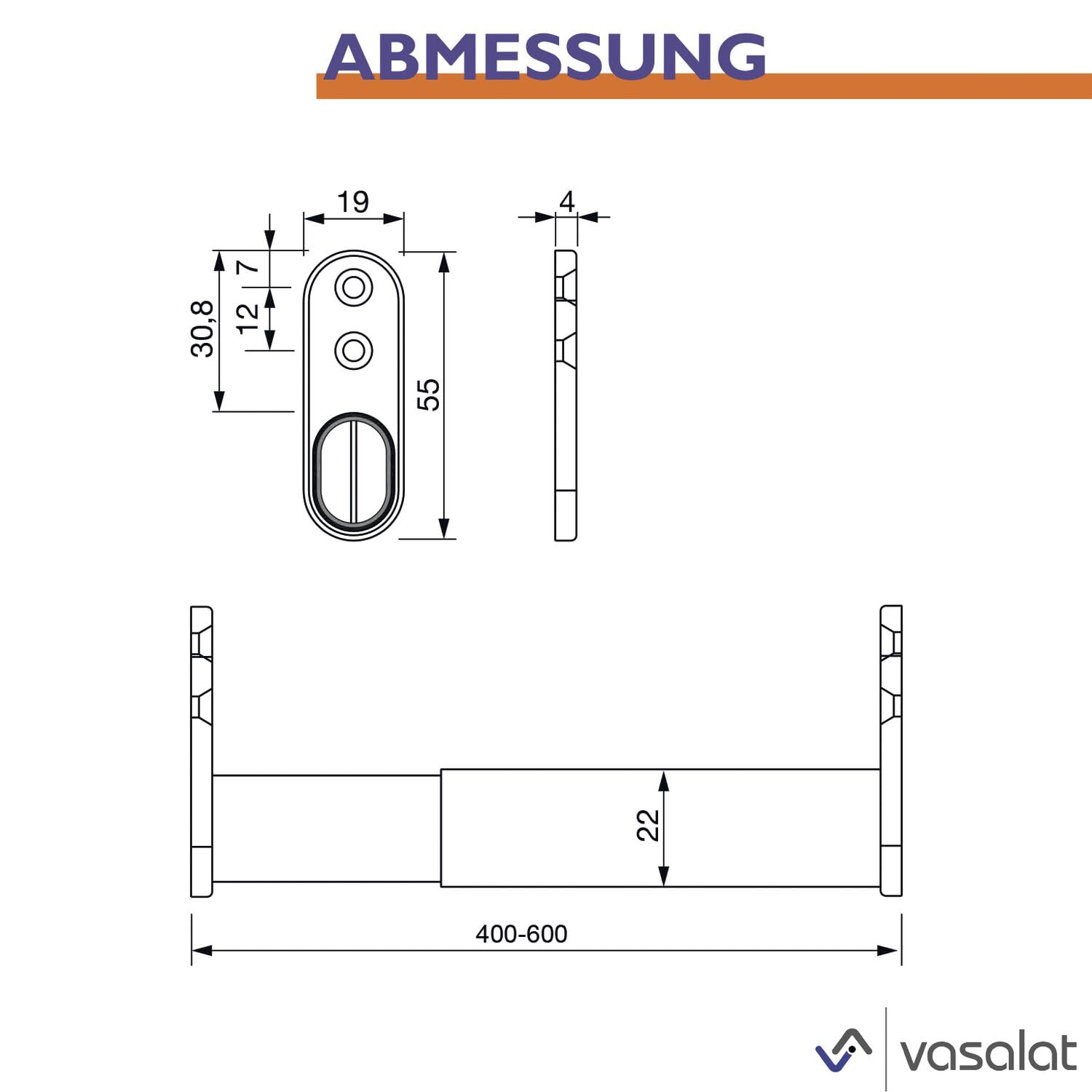 extendable wardrobe tube, 40 - 60 cm, telescopic rod, sturdy niche rod, clothes rail