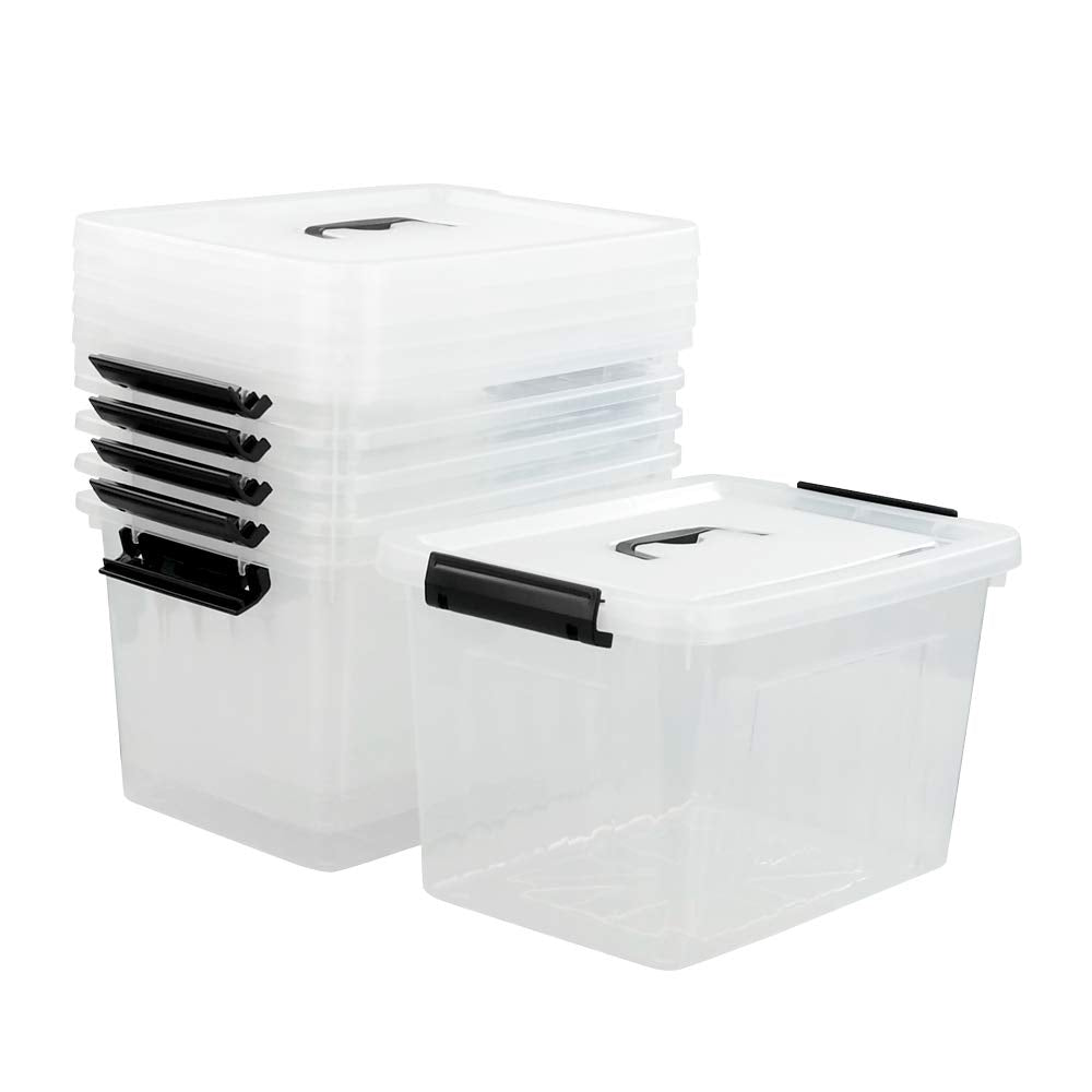 Asking 10 L Clear Plastic Storage Lidded Boxes with Black Handles/Latch, Pack of 6