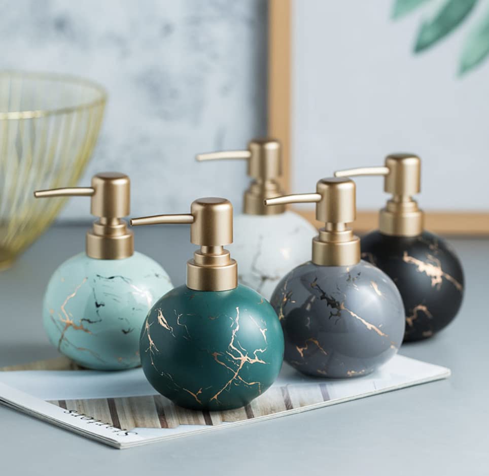 Gold Soap Dispenser, Cute Marble Round Ceramic Lotion Bottle(Dark Green)