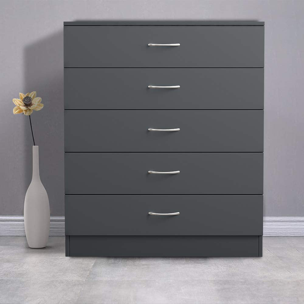 NRG Grey 5-Drawer Chest with Metal Handles, Storage Cabinet 75 x 36 x 90cm