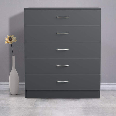 NRG Grey 5-Drawer Chest with Metal Handles, Storage Cabinet 75 x 36 x 90cm