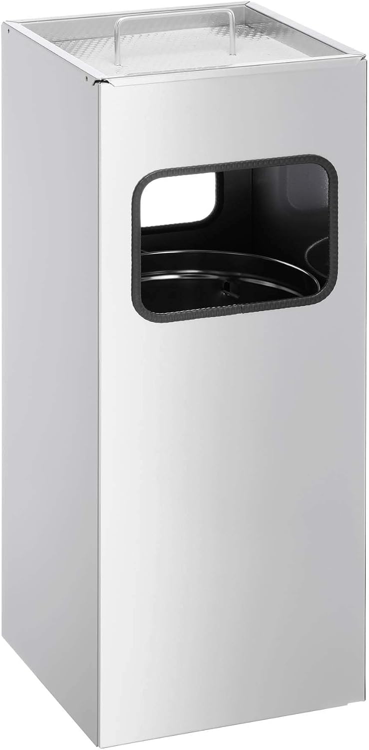 Durable Metal Square Waste Bin Silver With Ashtray Top - Bin Capacity 17 Litres - Ashtray Capacity 2 Litres - Ideal for Sheltered Outdoor Areas