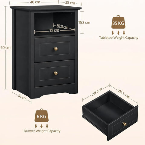 Yaheetech Bedside Table with 2 Drawers and Open Shelf, Black