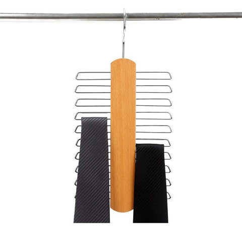 2 Piece Wooden Tie Hanger, Swivel Tie Rack with 20 Metal Partitions and 360 Degree Rotating Clothes Hook, for Hanging Belts, Scarves