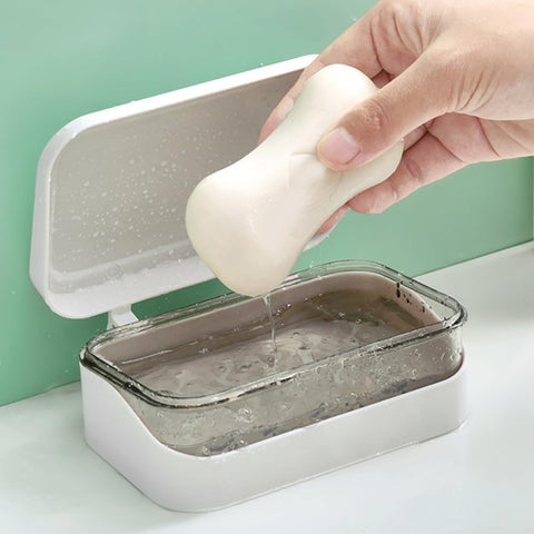 Soap Case Holder, 2 Layers Soap Dish Tray with Removable Drainer and Lid, Portable Rectangular Soap Dish Container for Bathroom Shower Gym Laundry