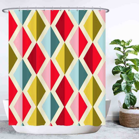 Ulticool Shower Curtain - Colourful Retro Vintage Diamond Figures - 180 x 200 cm - Washable - Anti Mould - with 12 Rings - Red Yellow Blue