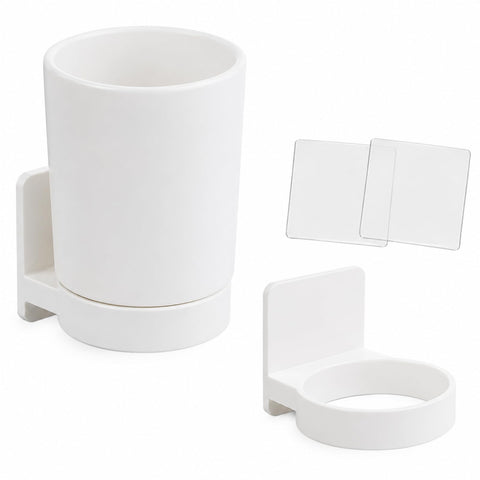 Wall Mounted Toothbrush Holder with Removable Cup, Self Adhesive Bathroom Toothbrush Cup Holder, No Drill Tooth Brushing Cup