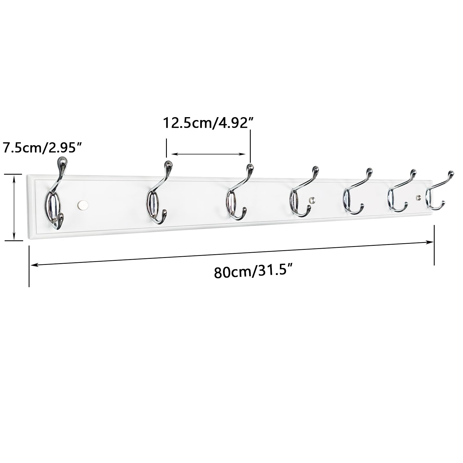 lomejii Long Wooden Wall Coat Rack White Wood 7 Silver Hooks, 80 cm, Strong Wall Coat Hook Rail for Coat, Hat, Bag