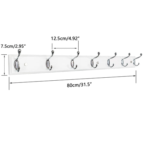 lomejii Long Wooden Wall Coat Rack White Wood 7 Silver Hooks, 80 cm, Strong Wall Coat Hook Rail for Coat, Hat, Bag