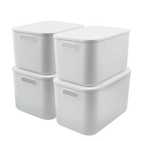 MaxEarn 4Pcs Plastic Storage Boxes with Lids, 23L Stackable Storage Baskets with Handles, 37x26x24cm Cupboard Organiser