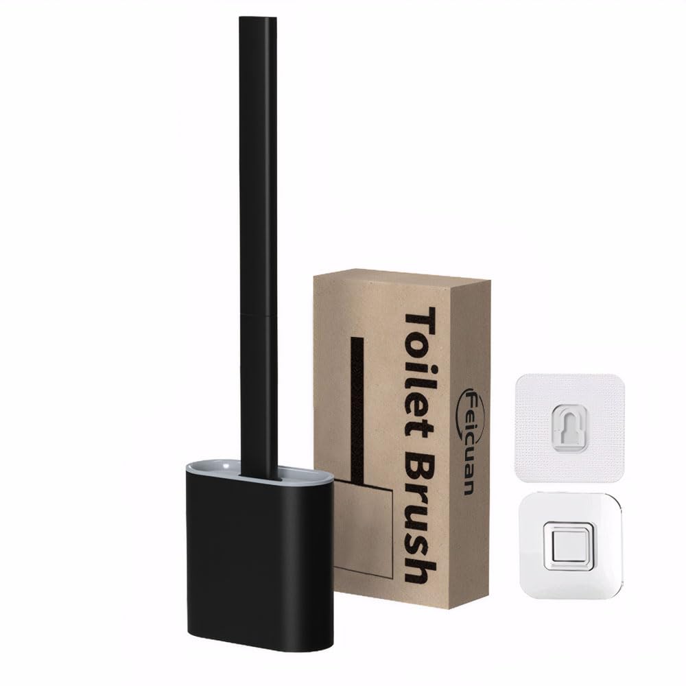 Feicuan Toilet Brush with Holder - Silicone Toilet Brush Flooring/Wall Mounted Detachable Rubber Flexible Bristles Long Plastic Handle Deep Cleaner