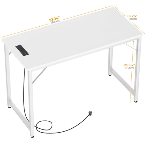 iSunirm 32 inch White Computer Desk with Power Outlets, Small Gaming Desk, Compact Home Office Desk for Small Spaces, Study Writing Table for Bedroom