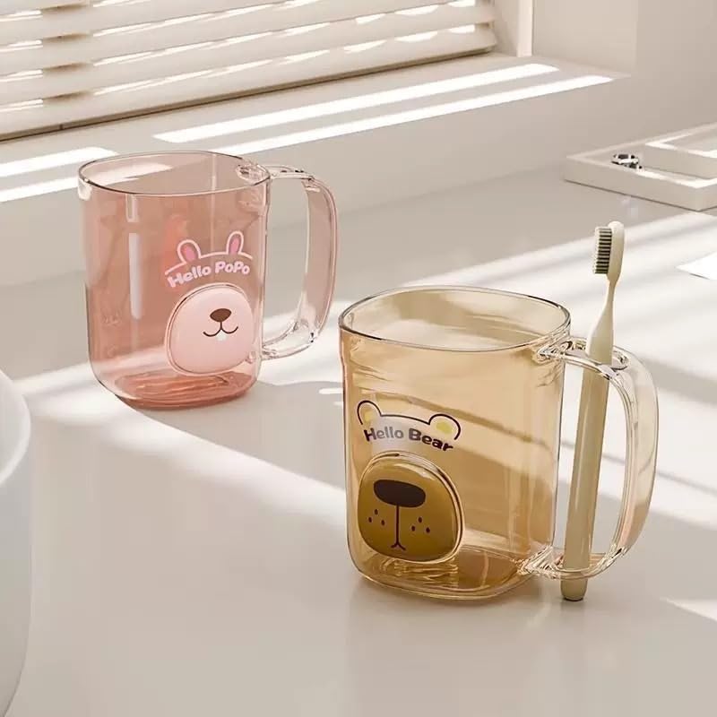 Household Simple Toothbrush Cup, Transparent Mouthwash washing Cup Cartoon Toothbrush holders Unbreakable Bathroom Tumbler Cup with Handle (Yellow)