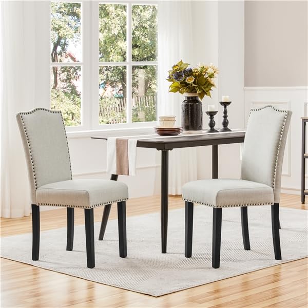 Yaheetech Dining Chairs Set of 2 High Back Fabric Kitchen Chairs, Beige