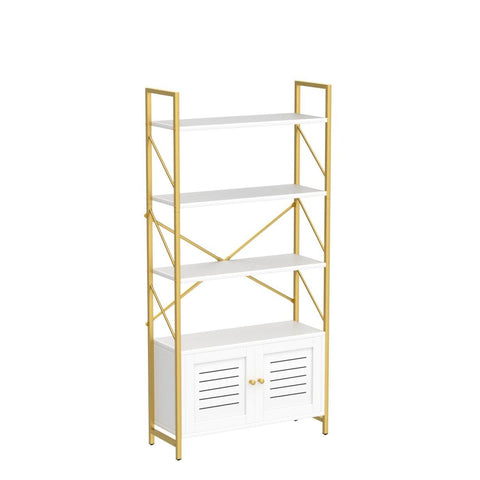 YITAHOME Bookcase with Storage Cabinet, Standing 5 Tiers Book Shelf Display Rack with Doors for Bedroom Living Room Office,White&Gold
