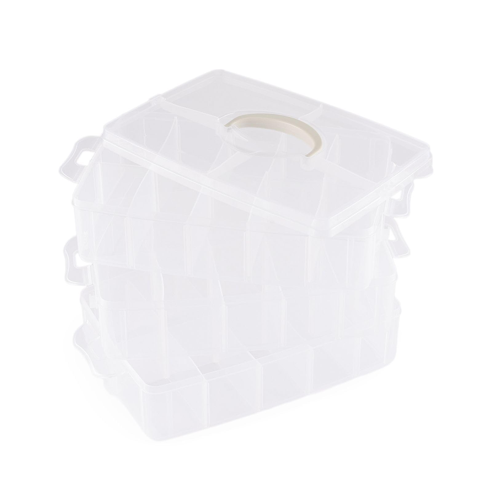 Vaessen Creative Plastic Storage Box with Lid 25x16,5x18,5cm - 3 Layers and 30 Adjustable Compartments of 5 x 8 x 5,5cm - Clear Organiser for Sewing