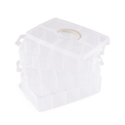 Vaessen Creative Plastic Storage Box with Lid 25x16,5x18,5cm - 3 Layers and 30 Adjustable Compartments of 5 x 8 x 5,5cm - Clear Organiser for Sewing
