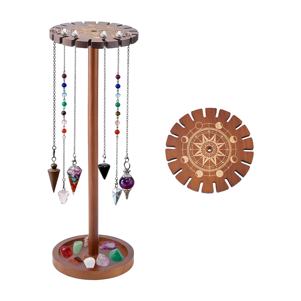 DICOSMETIC Pendulum Crystal Display Holder Moon Phase Wooden Pendulum Holder 4.92 Inch Pendulums Display Rack with 18 Slots Round Base Tall for