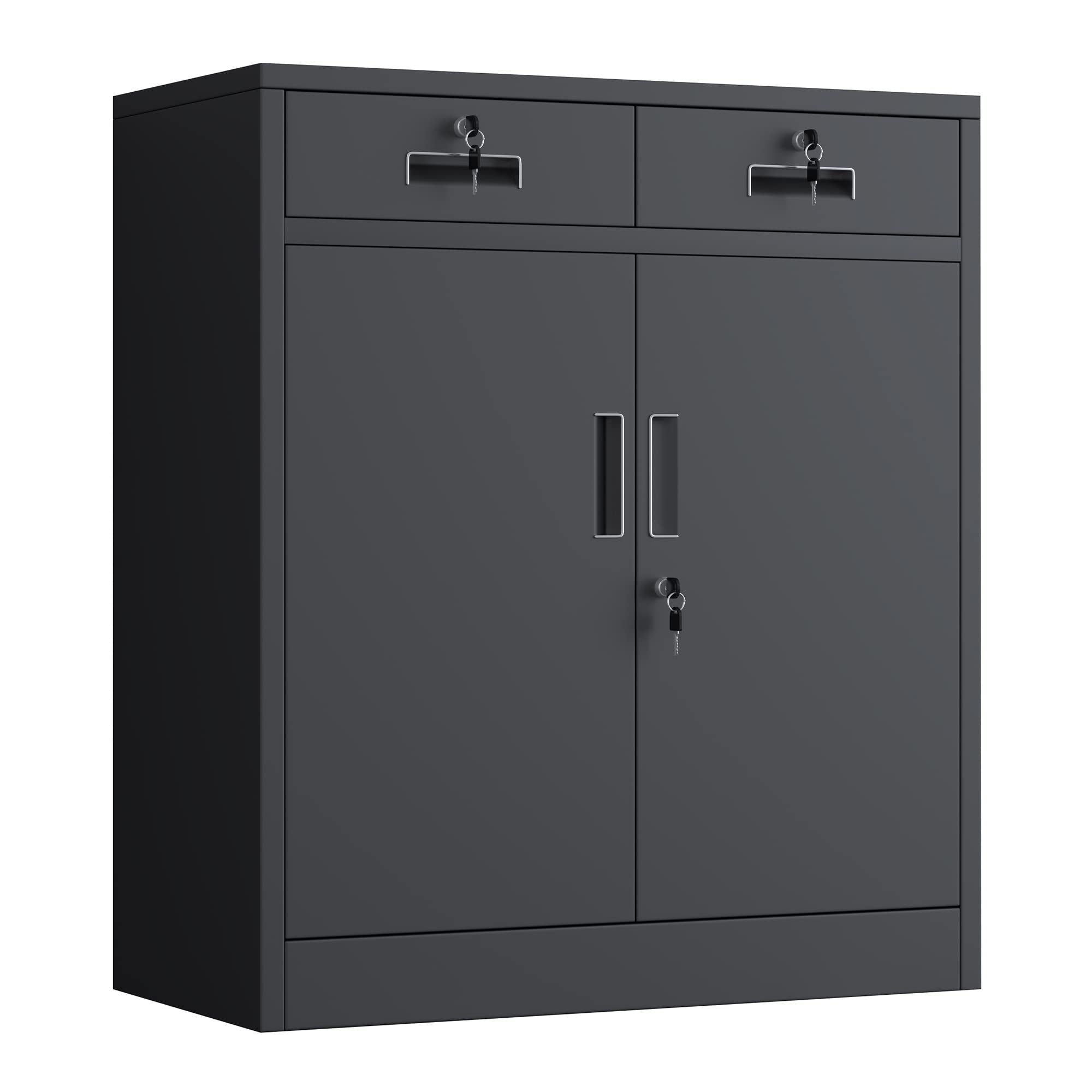 JINGUR Metal Storage Cupboard with Locking Doors and 2 Drawers (Black)