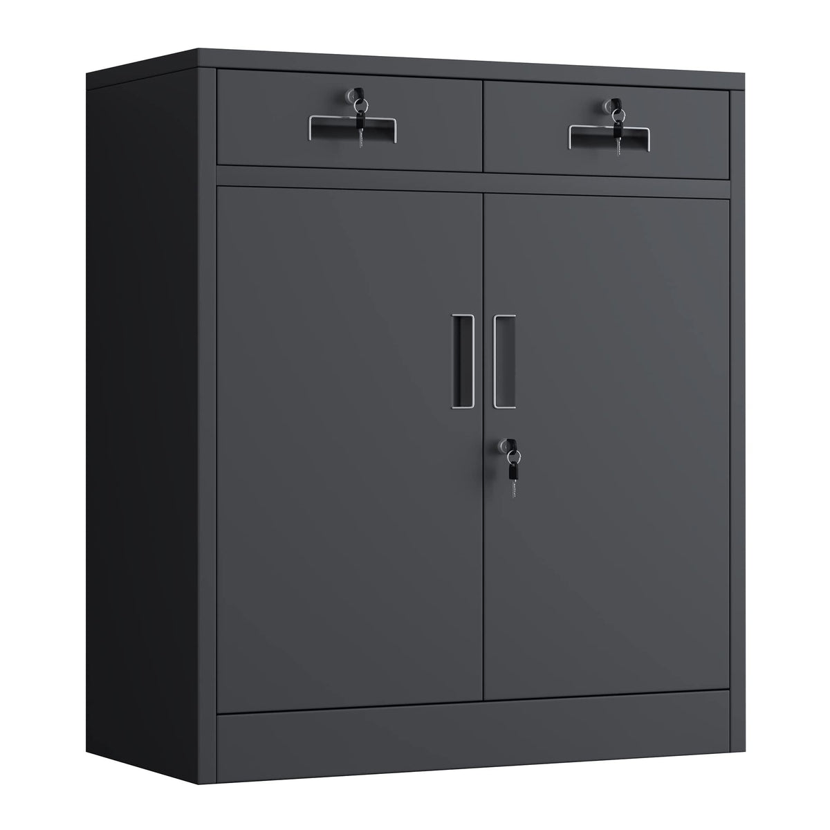 JINGUR Metal Storage Cupboard with Locking Doors and 2 Drawers (Black)
