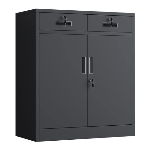 JINGUR Metal Storage Cupboard with Locking Doors and 2 Drawers (Black)
