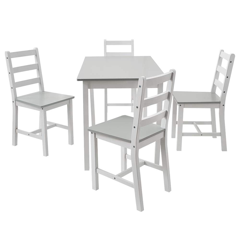 Panana Pine Wood Dining Table and 4 Chairs Set, 5-Piece Home Kitchen Furniture Set (Grey White)