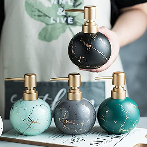 Gold Soap Dispenser, Cute Marble Round Ceramic Lotion Bottle(Dark Green)