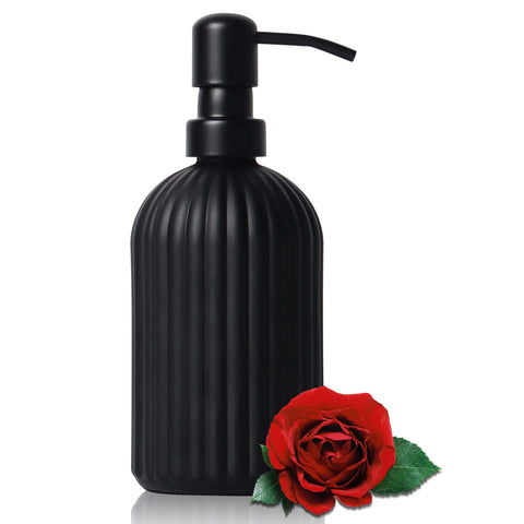 Matte Black Ribbed Glass Soap Dispenser, 400ml Refillable Countertop Hand Soap Bottle with Rust‑Proof Pump, for Kitchen, Bathroom & Laundry Room
