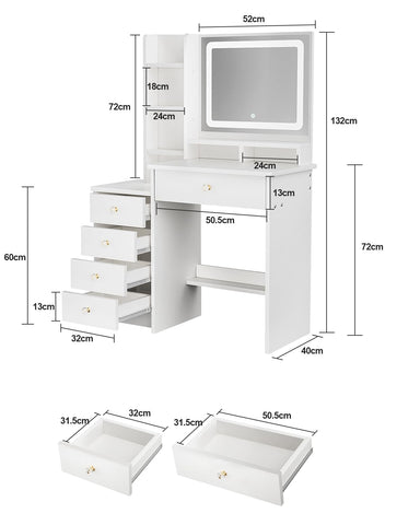 ZenkiHome Dressing Table with LED Mirror and Adjustable Lights, 90cm White Vanity Desk