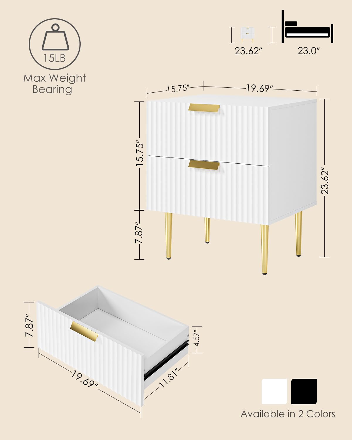 Apetaccat White Bedside Table, Nightstand with 2 Drawers with Gold Leg, Modern Bedside Table Bedroom Furniture for Living Room or Bedroom, White