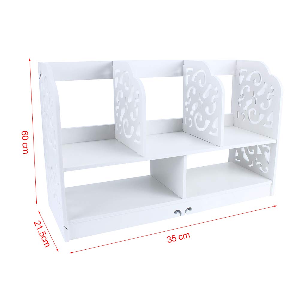 2 Tier Desktop Bookshelf, White, Wooden Storage Organiser Stand with Carved Patterns, Mini Display Rack for Books and Office Supplies