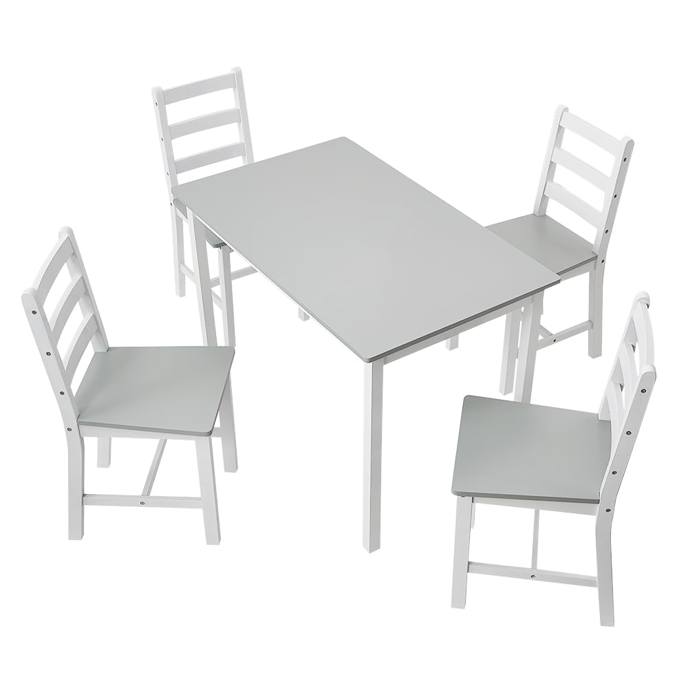 Panana Pine Wood Dining Table and 4 Chairs Set, 5-Piece Home Kitchen Furniture Set (Grey White)