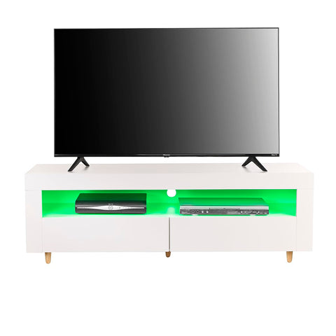 White TV Stand Cabinet, 140cm, with Lights, Soundbar Shelf, Storage Cupboards for 42", 50" 55" TV's, Modern Living Room Furniture