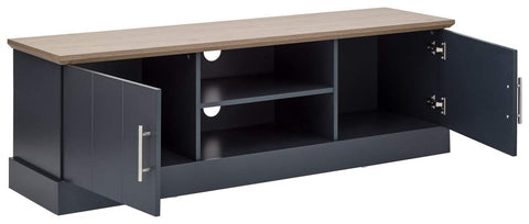 GFW Kendal Large TV Cabinet, Slate Blue and Oak Effect TV Unit with 2 Doors and Open Shelving, Country Style Media Storage Furniture