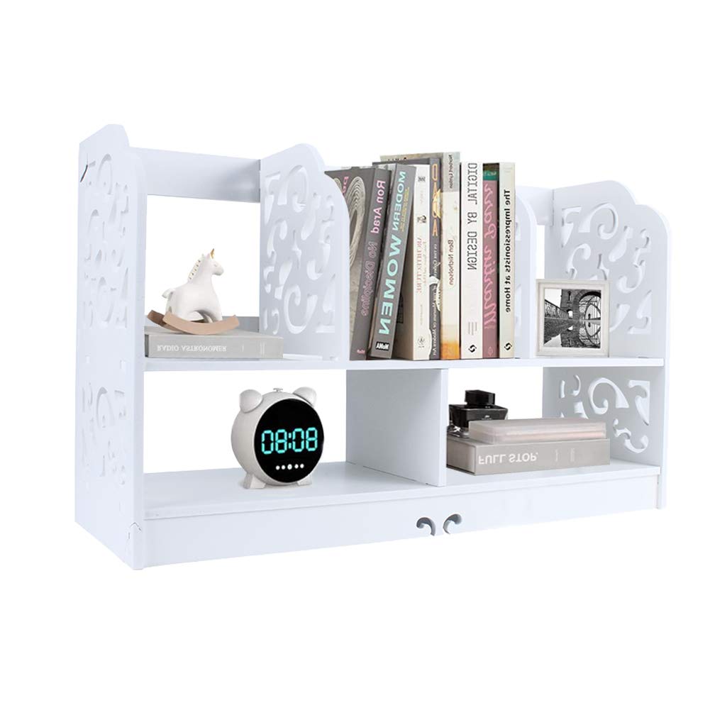 2 Tier Desktop Bookshelf, White, Wooden Storage Organiser Stand with Carved Patterns, Mini Display Rack for Books and Office Supplies