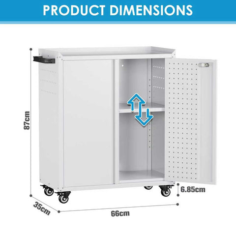 SUPEER Metal Tool Cabinet with Wheels & Pegboard, 87x66x35cm,White