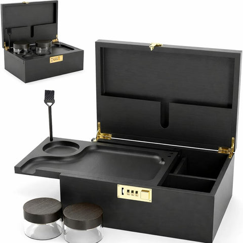 UkGlass Large Bamboo Wooden Stash Box with combination Lock, Rolling Tray and Glass Storage Jars