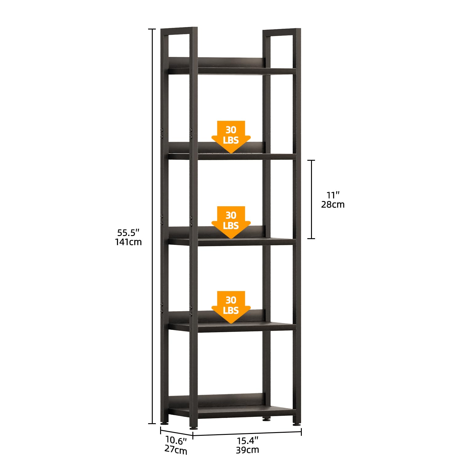 APPOLYN 5 Tier Slim Bookshelf, Bookcase with Backboard, Black