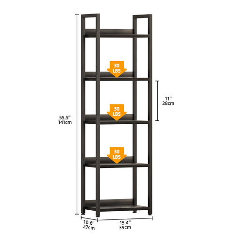 APPOLYN 5 Tier Slim Bookshelf, Bookcase with Backboard, Black