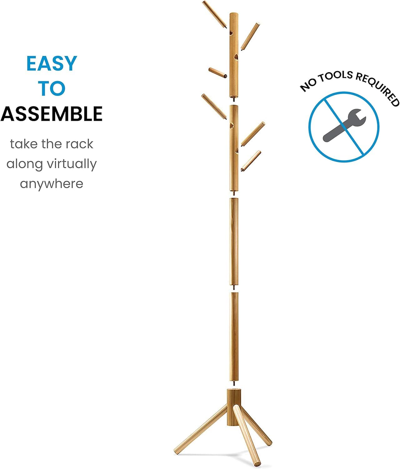 Ceciliec Coat Rack Free Standing - Wooden Coat Tree with 6 Hooks - Coats, Purses, Hats - Adjustable Sizes, Easy Assembly (Natural)