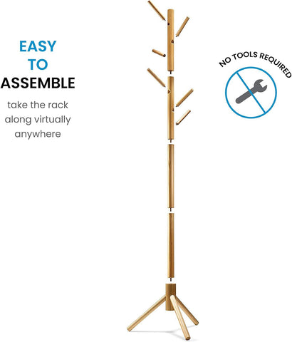 Ceciliec Coat Rack Free Standing - Wooden Coat Tree with 6 Hooks - Coats, Purses, Hats - Adjustable Sizes, Easy Assembly (Natural)