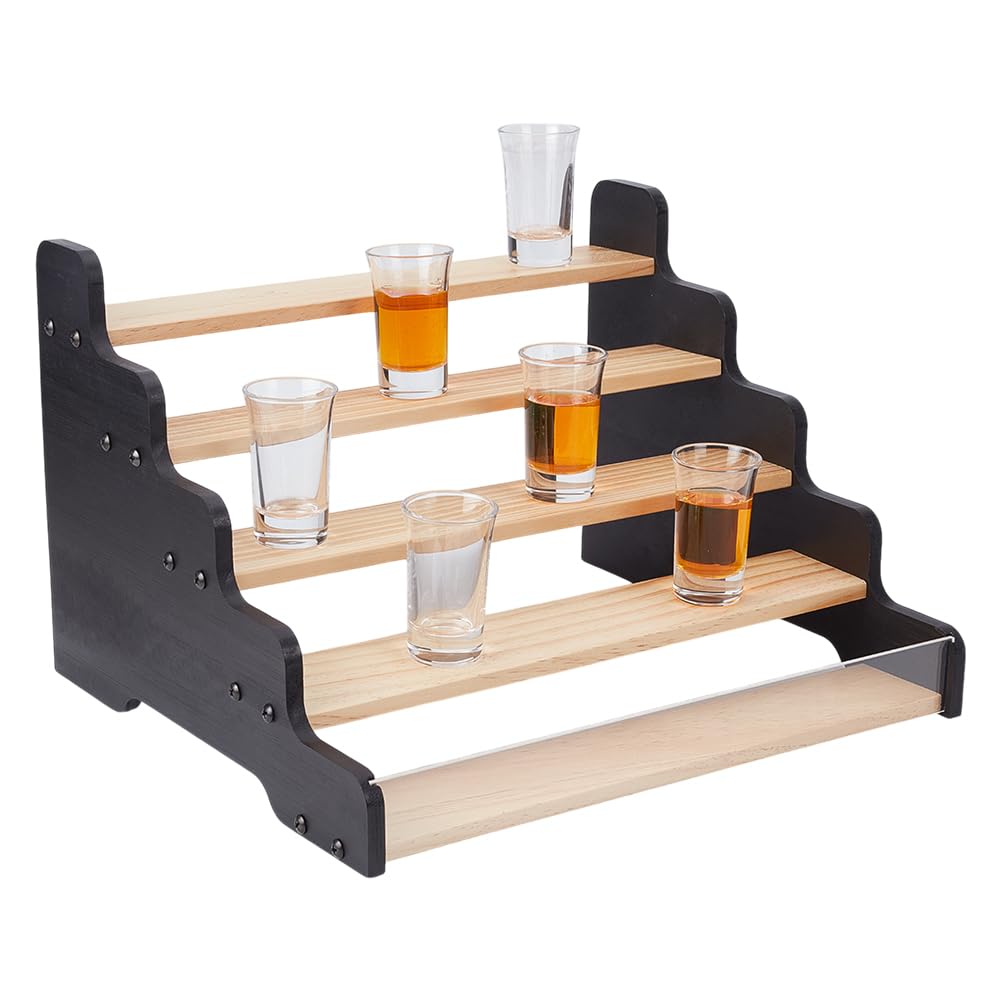 NBEADS 5-Tier Shot Glass Display Rack, Wooden Liquor Shelf with Acrylic Baffle Display Rack Shot Tiered Spice Rack Shot Glasses Holder for